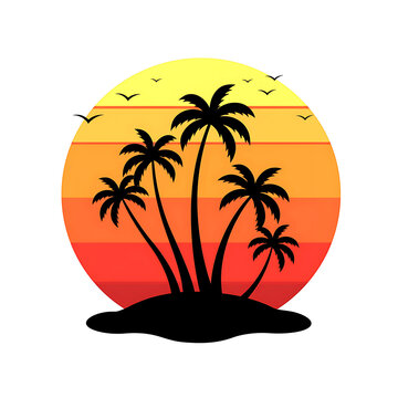 Retro Tropical Palm Tree Silhouette with Vibrant Sunset Circle and Island Paradise Landscape