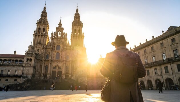 Viajero con sombrero contemplando una catedral hist&oacute;rica iluminada por el sol en una plaza europea