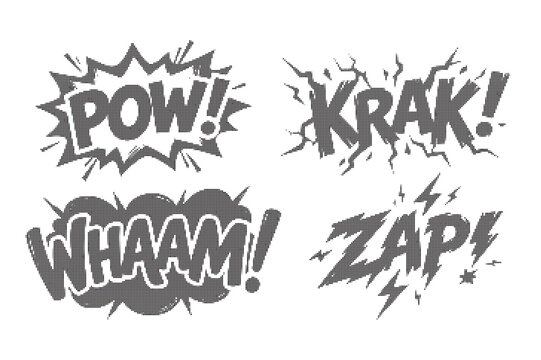 Comic action words in black ink on white background