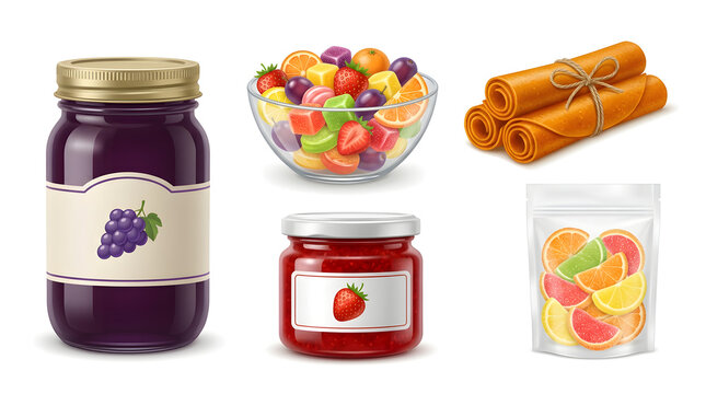 Fruit preserves and sweets set with grape jam jar strawberry marmalade fruit leather candy bowl and gummy slices vector illustration