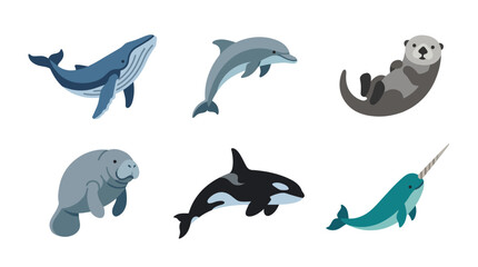 Fototapeta premium Ocean mammals vector illustration shows whale, dolphin, otter, manatee, orca, and narwhal icons, symbolizing aquatic diversity, marine life awareness, and ocean conservation concept