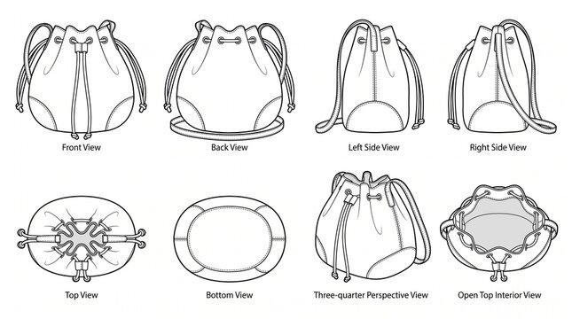Bucket Bag Fashion Technical Drawing Set with Front Back Side Top and Interior Views Drawstring Pouch Vector Illustration
