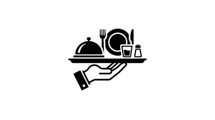 Fototapeta premium Restaurant Service Icon: Hand Holding Tray with Food and Drinks