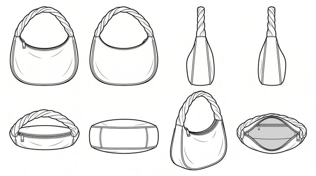 Women's Hobo Handbag Technical Flat Sketch Set with Braided Handle