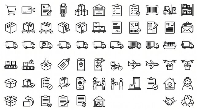 A comprehensive grid of logistics and delivery icons, each symbolizing a vital element of modern supply chain systems. The collection includes delivery trucks, cargo containers, warehouses, packages, 