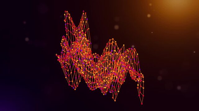 Animated Colombia map reveal built from neural network connections and colorful data nodes with connected intelligence text over a glowing purple orange bokeh technology background.