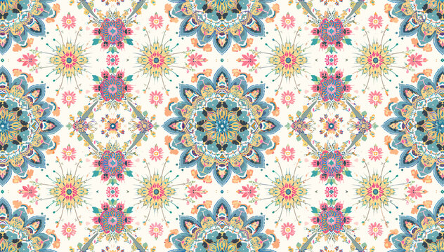Intricate seamless pattern with colorful mandala-like floral motifs in pastel shades, featuring symmetrical bohemian and ethnic decorative elements on a light background.