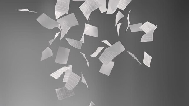 Multiple white paper document pages fall and tumble through air against gray gradient background with printed text visible on each sheet