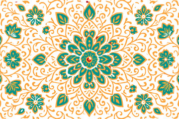 Fototapeta premium Intricate teal and gold floral mandala pattern on a light background, featuring symmetrical decorative elements and traditional motifs.