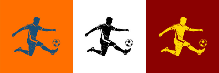 Football player striking soccer ball vector illustration, dynamic athlete silhouette graphic set © Seriously