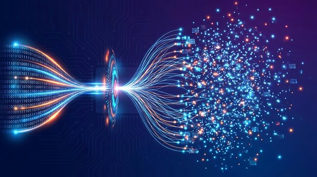 Abstract digital data stream with binary code and glowing fiber optic cables representing information processing