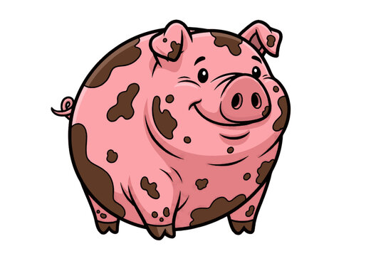 Cute Pink Spotted Pig Cartoon Illustration Smiling Happy Farm Animal Character Drawing