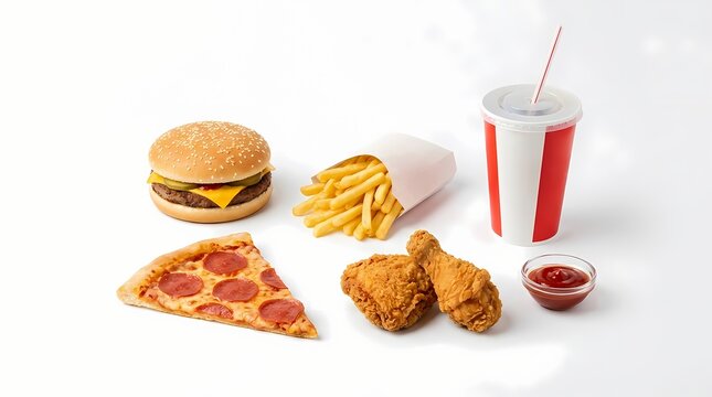 Fast food combo featuring a juicy cheeseburger, golden crispy french fries, a pepperoni pizza slice, fried chicken pieces, and a cold refreshing beverage on a clean white background.