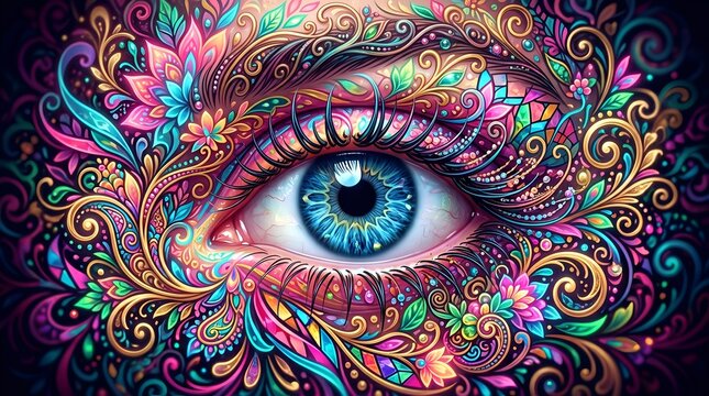 Colorful illustration of a zen mind with an intricate eye, symbolizing self knowledge and spiritual awakening. Design for meditation material