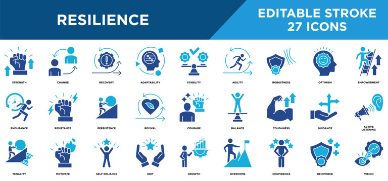 Resilience solid icons set with empowerment, strength, change, recovery, adaptability, stabilityconcepts. Editable stroke vector collection.	