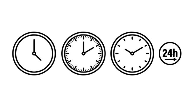 Clock Face Icon Set with Three Circular Timepieces and 24h Badge for Schedule, Day and Night Concept Design
