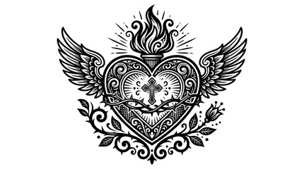 Fototapeta premium Sacred Heart Emblem with Wings, Cross, and Flames - Religious Symbol