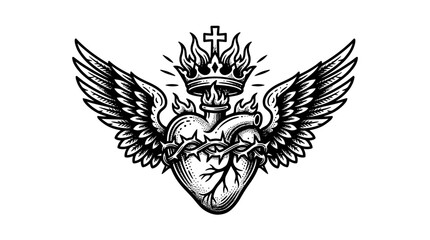 Obraz premium Sacred Heart Tattoo Design with Wings, Crown, and Flames