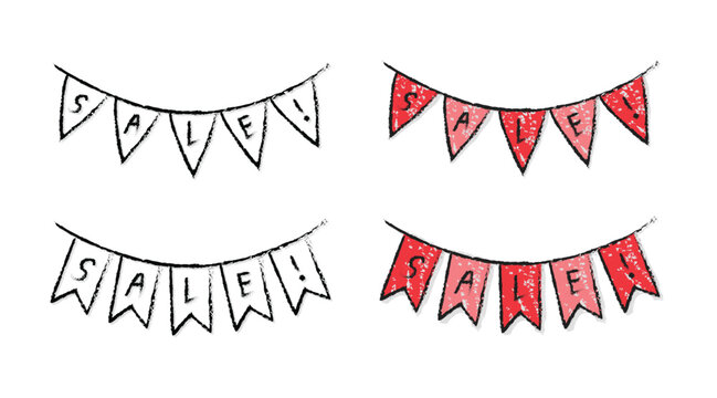 Sale little flag bunting garlands set, hand drawn sketch style colourful and black white festive flags for promotion isolated on white background.