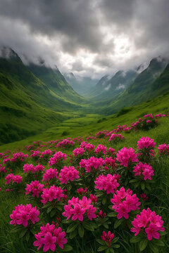Scenic alpine mountain landscape with blooming pink flowers meadow