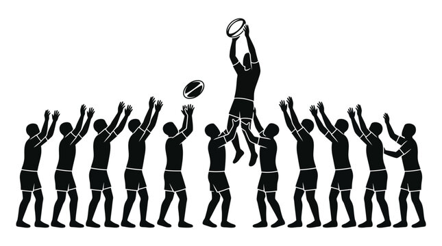 Rugby players silhouette, lineout jump for ball, sports team action, black and white illustration