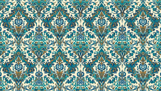 Intricate damask pattern with a vintage feel, featuring ornate floral motifs in teal, gold, and cream.