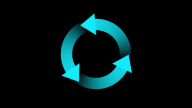 Circular refresh arrows icon forming a loop with gradient effect on black background. Concept of reload, synchronization, update, repeat process, rotation and continuous cycle.