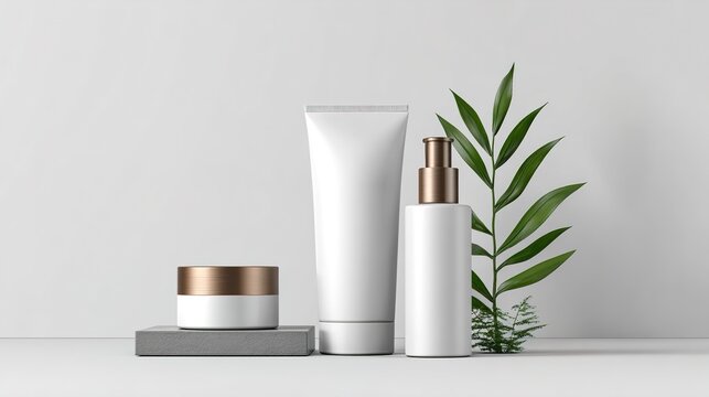 Skincare products with green leaf on white background