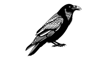 Silhouette of a Raven: A striking black raven, rendered in a detailed silhouette, stands poised with an alert gaze and a distinctive beak, evoking an air of mystery and intelligence. © abidakhatun