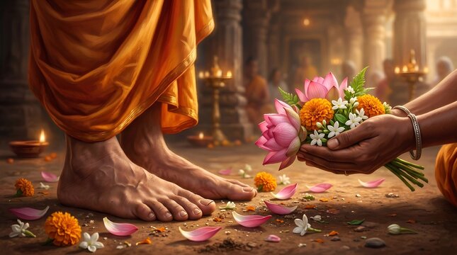 Hands offering fresh lotus flowers to the feet of a spiritual master in a traditional act of sacred guru purnima