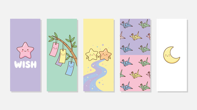 Japanese Tanabata Festival Kawaii Bookmark Vector Set with Stars, Bamboo and Origami Cranes for Stationery, Gift Tags & Reading Accessories (EPS)