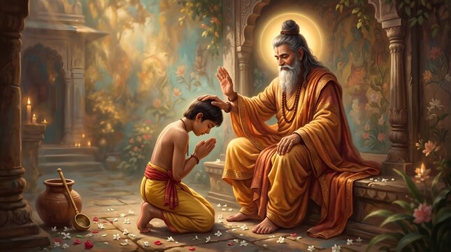Wise indian sage giving a spiritual blessing to a devoted young student in a traditional cultural guru purnima