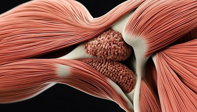 Human muscles and tendons surrounding a joint in detailed anatomical view.