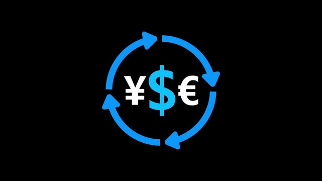 dollar, euro, yen currencies with round arrows process. Icon of fiat money. Symbol of currency processing transaction exchang. Exchange,finance icon design on blue background