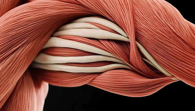 Muscular system and tendons in close up anatomical detail against black.