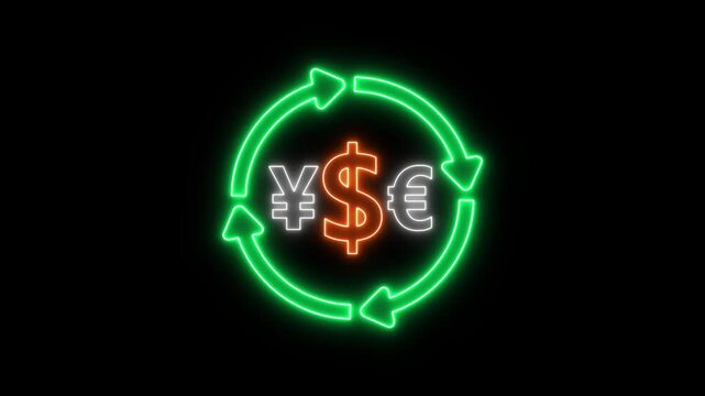 Ekti neon light er chhobi jekhane Dollar ($), Euro (&euro;), ebong Yen (&yen;) er chinho achhe. Charpashe shobuj ronger ghuronayman tir (arrows) diye currency exchange ba taka rupaulontorer bishoyti bujhano