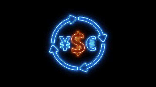 Ekti neon light er chhobi jekhane Dollar ($), Euro (&euro;), ebong Yen (&yen;) er chinho achhe. Charpashe shobuj ronger ghuronayman tir (arrows) diye currency exchange ba taka rupaulontorer bishoyti bujhano