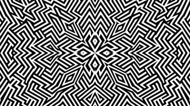 Pattern Optical Illusion Geometric Maze Design with Black and White Interlocking Lines Creating Depth and Motion Effect