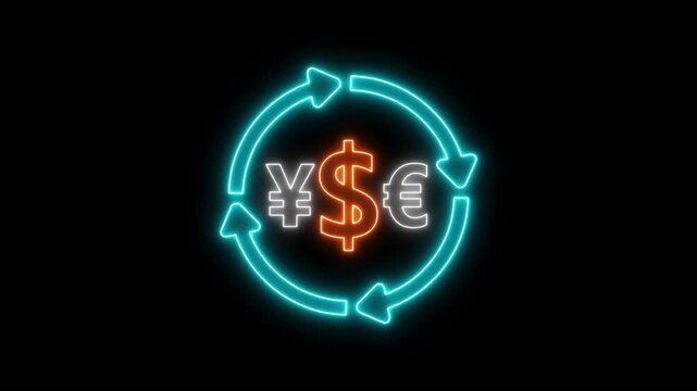Ekti neon light er chhobi jekhane Dollar ($), Euro (&euro;), ebong Yen (&yen;) er chinho achhe. Charpashe shobuj ronger ghuronayman tir (arrows) diye currency exchange ba taka rupaulontorer bishoyti bujhano