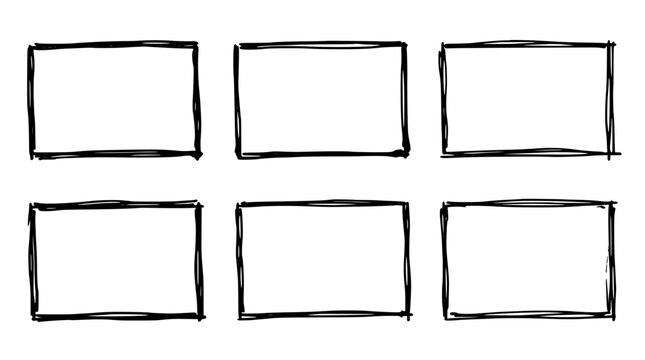 Six Hand-Drawn Rectangular Frames Arranged in Two Rows of Three Featuring Frame, Rectangle, Sketch with Outline and Drawing