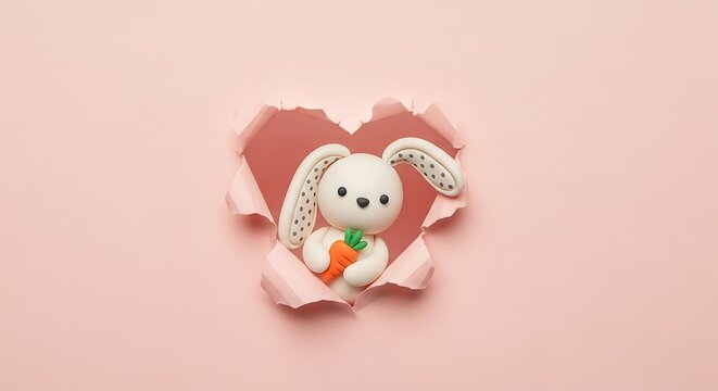 Cute clay bunny holding a carrot peeking through a heartshaped hole in pink paper