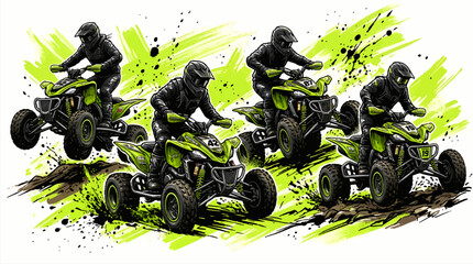 Four ATV Riders in Action, Dynamic Illustration of Off-Road Racing with Splatter Effects and Bright Green Accents, Energetic Motor Sports Graphic © Rizky Studio