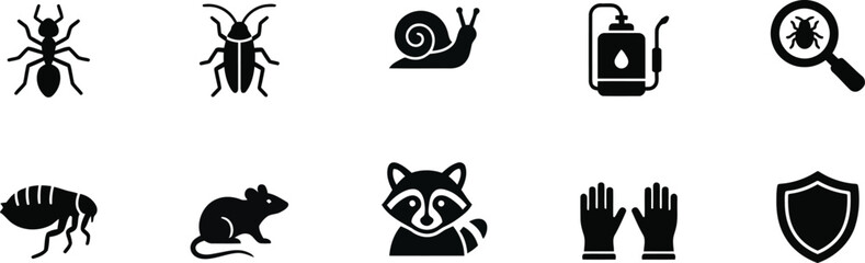 Insect and Pest Control Glyph Icon Collection. Ant, Cockroach, Snail, Rat, Protection and Extermination Service Vector Icons © Jubayer