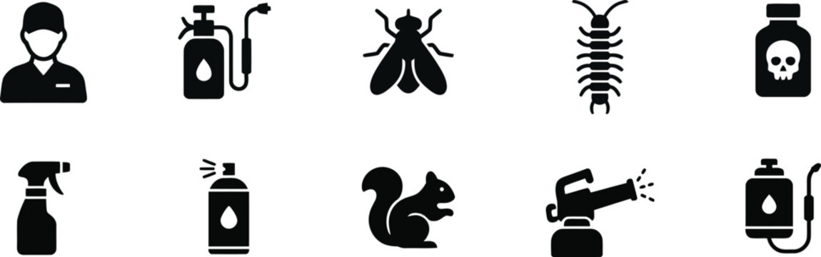 Pest Control Service Glyph Icon Set. Insect Extermination, Bug Spray, Rodent Control, Sanitization and Pest Management Vector Icons