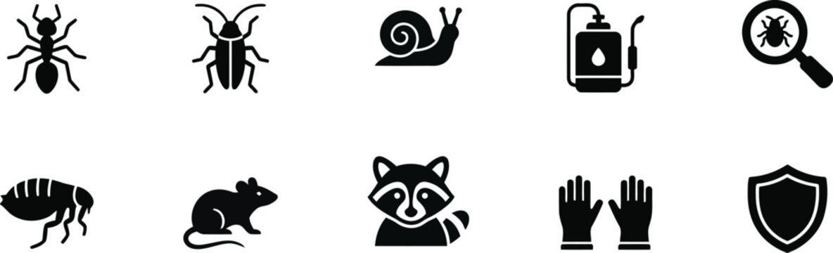 Insect and Pest Control Glyph Icon Collection. Ant, Cockroach, Snail, Rat, Protection and Extermination Service Vector Icons