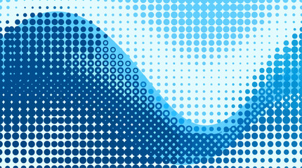 Fototapeta premium Flat Design Abstract Halftone Pattern with Smooth Blue Wave Shape and Gradient Circles, Modern Graphic Resource Background with Copy Space