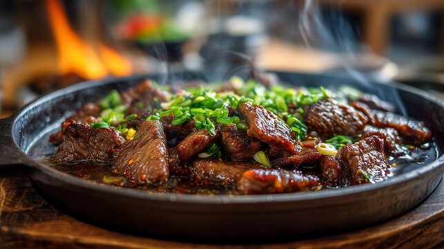 Korean beef bulgogi in sizzling pan on rustic table, glossy marinated beef texture with warm lighting and cozy dining atmosphere.