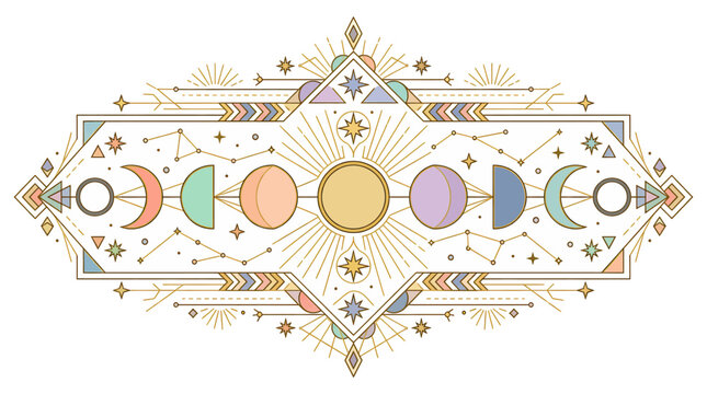 Mystical sacred geometry emblem showing sun moon phases and celestial constellations for Women
