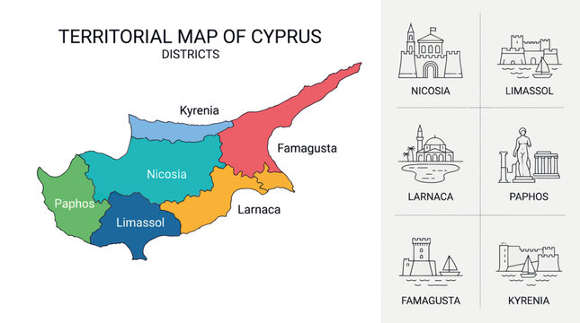 Territorial Map of Cyprus with Districts and City Landmarks