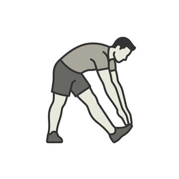 Man performing standing hamstring stretch exercise.